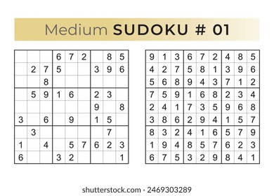 Vector design of sudoku puzzle game with answer. Medium level 9 × 9 grid sudoku logic game.   