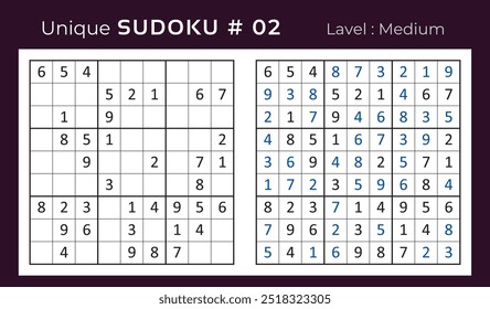 Diseño de Vector de juego de rompecabezas de sudoku con respuesta. Mediano nivel 9 × 9 cuadrícula sudoku juego de lógica.