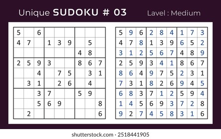 Diseño de Vector de juego de rompecabezas de sudoku con respuesta. Mediano nivel 9 × 9 cuadrícula sudoku juego de lógica.