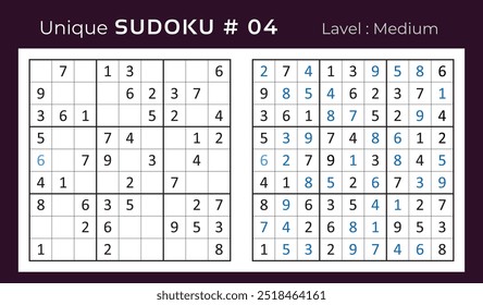 Diseño de Vector de juego de rompecabezas de sudoku con respuesta. Mediano nivel 9 × 9 cuadrícula sudoku juego de lógica.