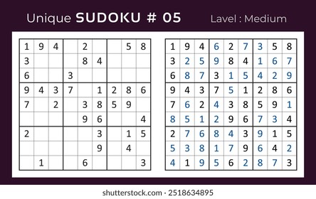 Diseño de Vector de juego de rompecabezas de sudoku con respuesta. Mediano nivel 9 × 9 cuadrícula sudoku juego de lógica.