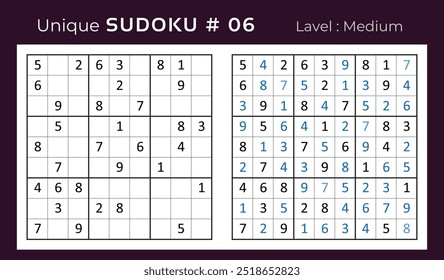 Diseño de Vector de juego de rompecabezas de sudoku con respuesta. Mediano nivel 9 × 9 cuadrícula sudoku juego de lógica.