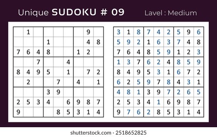 Diseño de Vector de juego de rompecabezas de sudoku con respuesta. Mediano nivel 9 × 9 cuadrícula sudoku juego de lógica.