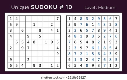 Diseño de Vector de juego de rompecabezas de sudoku con respuesta. Mediano nivel 9 × 9 cuadrícula sudoku juego de lógica.