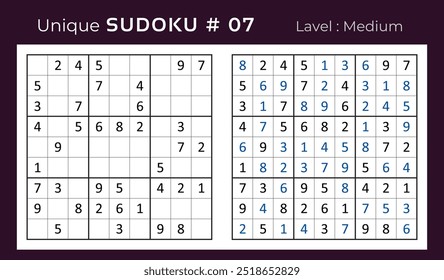 Diseño de Vector de juego de rompecabezas de sudoku con respuesta. Mediano nivel 9 × 9 cuadrícula sudoku juego de lógica.