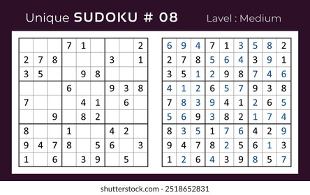 Diseño de Vector de juego de rompecabezas de sudoku con respuesta. Mediano nivel 9 × 9 cuadrícula sudoku juego de lógica.