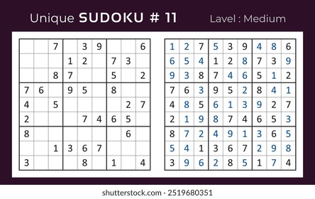 Vector design of sudoku puzzle game with answer. Medium level 9 × 9 grid sudoku logic game.