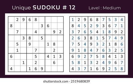 Diseño de Vector de juego de rompecabezas de sudoku con respuesta. Mediano nivel 9 × 9 cuadrícula sudoku juego de lógica.