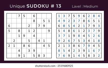 Diseño de Vector de juego de rompecabezas de sudoku con respuesta. Mediano nivel 9 × 9 cuadrícula sudoku juego de lógica.