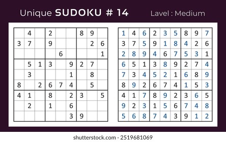 Diseño de Vector de juego de rompecabezas de sudoku con respuesta. Mediano nivel 9 × 9 cuadrícula sudoku juego de lógica.