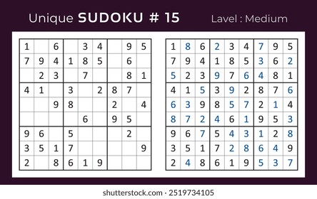 Diseño de Vector de juego de rompecabezas de sudoku con respuesta. Mediano nivel 9 × 9 cuadrícula sudoku juego de lógica.