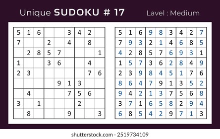 Vector design of sudoku puzzle game with answer. Medium level 9 × 9 grid sudoku logic game.