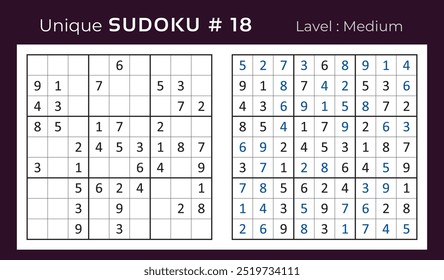 Diseño de Vector de juego de rompecabezas de sudoku con respuesta. Mediano nivel 9 × 9 cuadrícula sudoku juego de lógica.