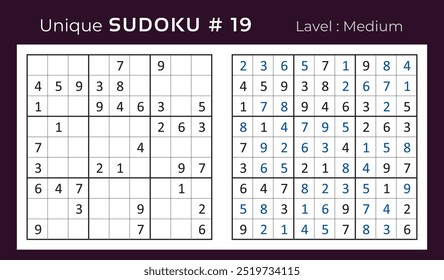 Diseño de Vector de juego de rompecabezas de sudoku con respuesta. Mediano nivel 9 × 9 cuadrícula sudoku juego de lógica.