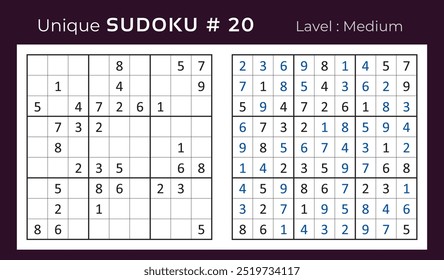 Diseño de Vector de juego de rompecabezas de sudoku con respuesta. Mediano nivel 9 × 9 cuadrícula sudoku juego de lógica.