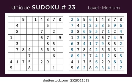 Diseño de Vector de juego de rompecabezas de sudoku con respuesta. Mediano nivel 9 × 9 cuadrícula sudoku juego de lógica.