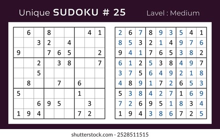 Diseño de Vector de juego de rompecabezas de sudoku con respuesta. Mediano nivel 9 × 9 cuadrícula sudoku juego de lógica.