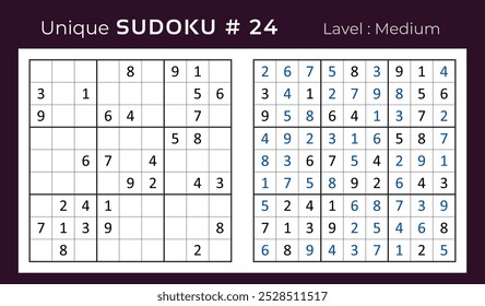 Vector design of sudoku puzzle game with answer. Medium level 9 × 9 grid sudoku logic game.