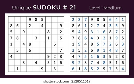 Diseño de Vector de juego de rompecabezas de sudoku con respuesta. Mediano nivel 9 × 9 cuadrícula sudoku juego de lógica.