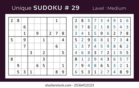 Projeto vetorial do jogo de quebra-cabeça sudoku com resposta. Nível médio 9 × 9 grade sudoku jogo de lógica.