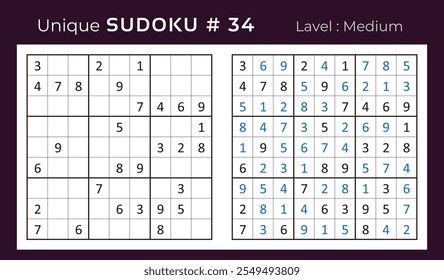 Diseño de Vector de juego de rompecabezas de sudoku con respuesta. Mediano nivel 9 × 9 cuadrícula sudoku juego de lógica.