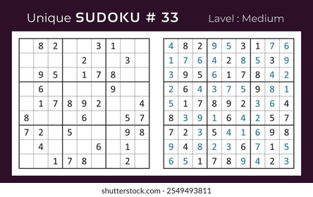 Vector design of sudoku puzzle game with answer. Medium level 9 × 9 grid sudoku logic game.