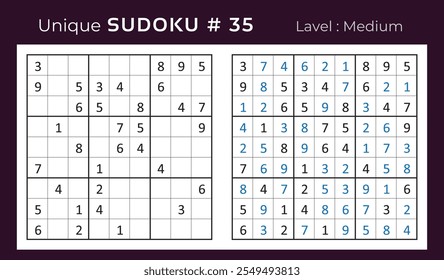 Vector design of sudoku puzzle game with answer. Medium level 9 × 9 grid sudoku logic game.