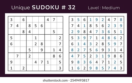 Diseño de Vector de juego de rompecabezas de sudoku con respuesta. Mediano nivel 9 × 9 cuadrícula sudoku juego de lógica.