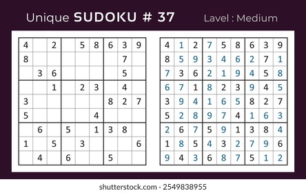 Projeto vetorial do jogo de quebra-cabeça sudoku com resposta. Nível médio 9 × 9 grade sudoku jogo de lógica.