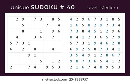 Vector design of sudoku puzzle game with answer. Medium level 9 × 9 grid sudoku logic game.