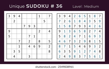 Vector design of sudoku puzzle game with answer. Medium level 9 × 9 grid sudoku logic game.
