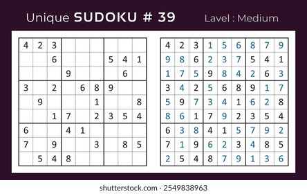 Diseño de Vector de juego de rompecabezas de sudoku con respuesta. Mediano nivel 9 × 9 cuadrícula sudoku juego de lógica.