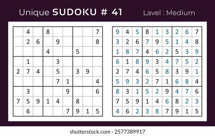 Vector design of sudoku puzzle game with answer. Medium level 9 × 9 grid sudoku logic game.