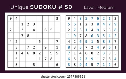 Vector design of sudoku puzzle game with answer. Medium level 9 × 9 grid sudoku logic game.