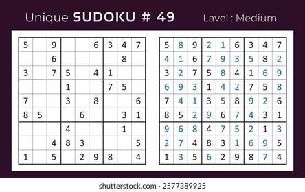 Vector design of sudoku puzzle game with answer. Medium level 9 × 9 grid sudoku logic game.