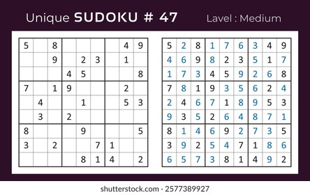 Vector design of sudoku puzzle game with answer. Medium level 9 × 9 grid sudoku logic game.
