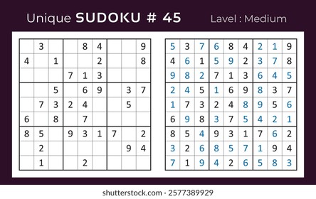 Vector design of sudoku puzzle game with answer. Medium level 9 × 9 grid sudoku logic game.