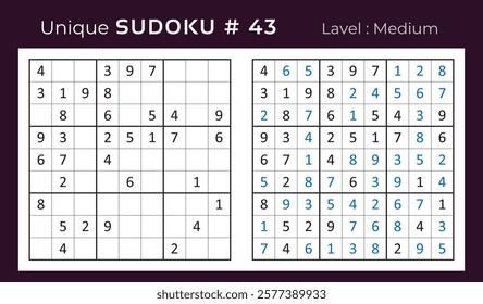 Vector design of sudoku puzzle game with answer. Medium level 9 × 9 grid sudoku logic game.