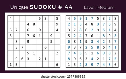Vector design of sudoku puzzle game with answer. Medium level 9 × 9 grid sudoku logic game.