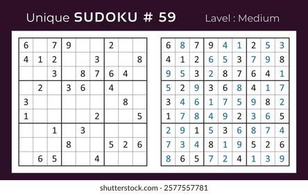 Vector design of sudoku puzzle game with answer. Medium level 9 × 9 grid sudoku logic game.