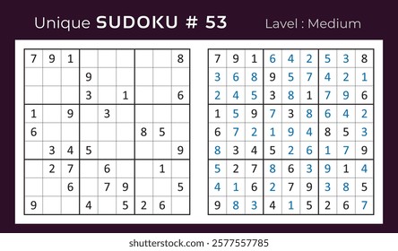 Vector design of sudoku puzzle game with answer. Medium level 9 × 9 grid sudoku logic game.