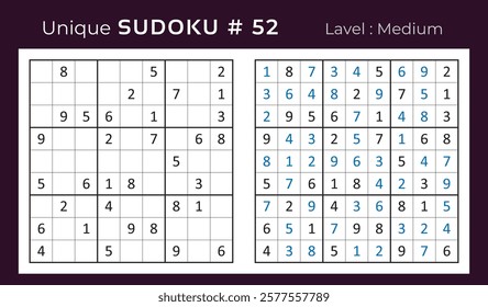 Vector design of sudoku puzzle game with answer. Medium level 9 × 9 grid sudoku logic game.
