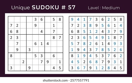 Vector design of sudoku puzzle game with answer. Medium level 9 × 9 grid sudoku logic game.