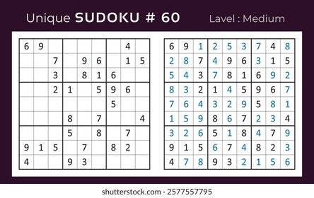 Vector design of sudoku puzzle game with answer. Medium level 9 × 9 grid sudoku logic game.