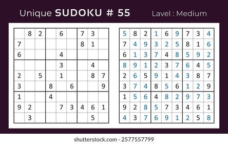 Vector design of sudoku puzzle game with answer. Medium level 9 × 9 grid sudoku logic game.