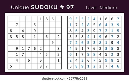 Vector design of sudoku puzzle game with answer. Medium level 9 × 9 grid sudoku logic game.