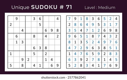 Vector design of sudoku puzzle game with answer. Medium level 9 × 9 grid sudoku logic game.