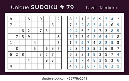 Vector design of sudoku puzzle game with answer. Medium level 9 × 9 grid sudoku logic game.