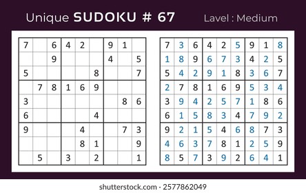 Vector design of sudoku puzzle game with answer. Medium level 9 × 9 grid sudoku logic game.