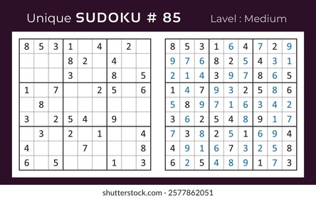 Vector design of sudoku puzzle game with answer. Medium level 9 × 9 grid sudoku logic game.
